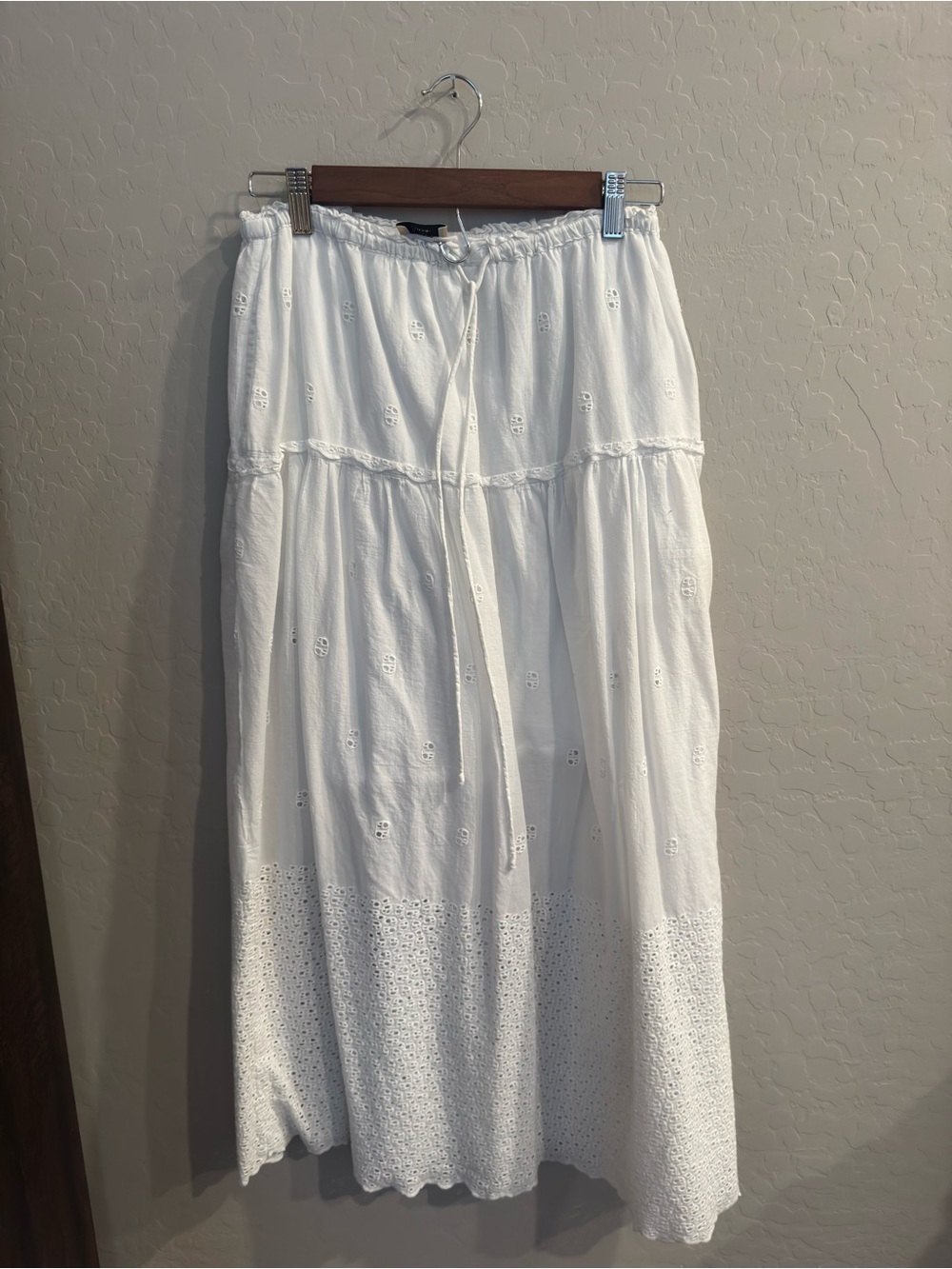 Tahari White Eyelet Cotton Maxi Skirt with Drawstring Waist
